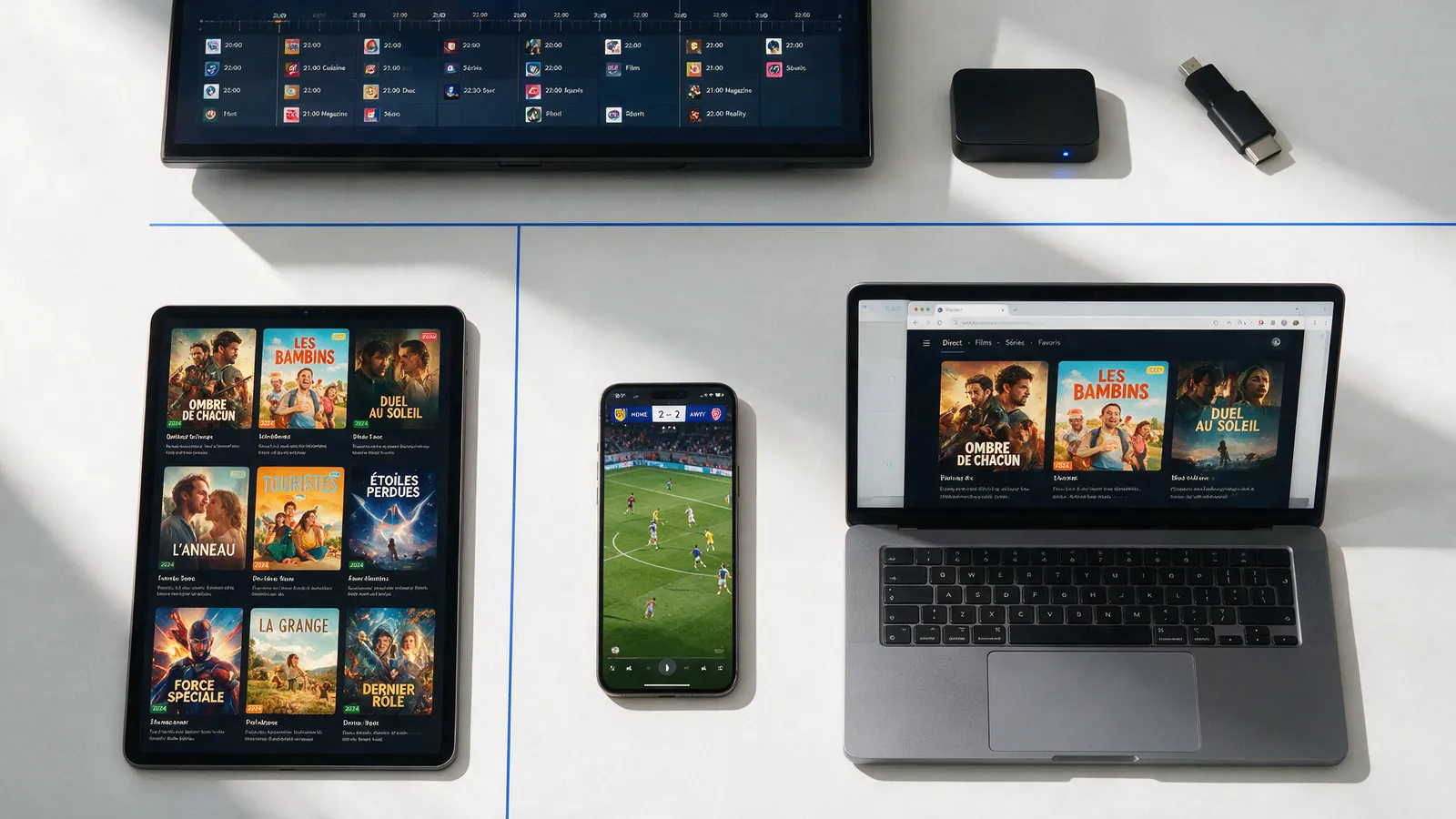 Appareils compatibles avec un abonnement IPTV : téléviseur, box Android, clé HDMI, tablette et ordinateur portable