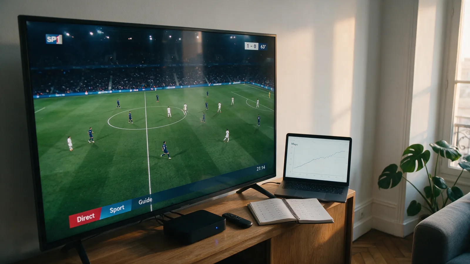 Banc d'essai IPTV : téléviseur, box et routeur installés dans un salon pour comparer les offres en France