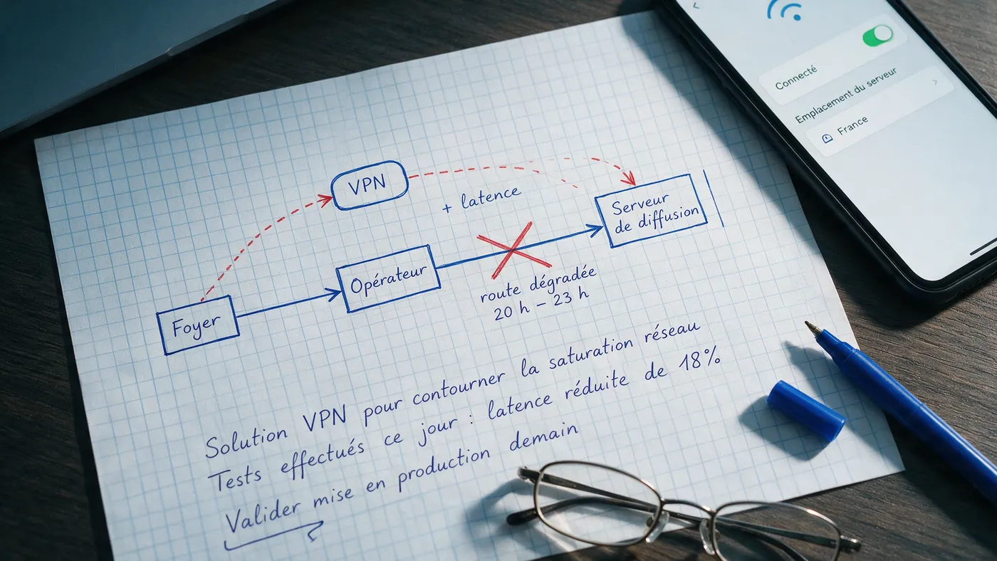 Schéma du trajet d'un flux IPTV avec et sans VPN entre le foyer et le serveur de diffusion