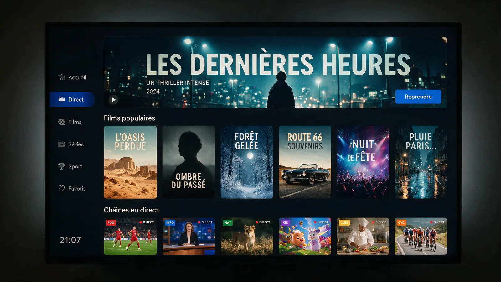 Test Atlas Pro ONTV en cours : match de football en direct sur un téléviseur avec relevé de coupures affiché
